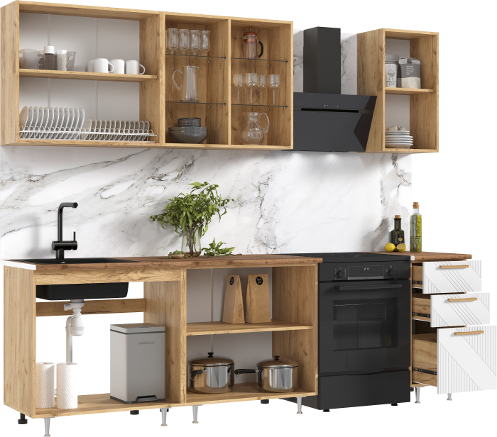 Кухня Ирис 2,0м (490) Компановка №2 Дуб Крафт/Браш Вайт (Дуб вотан)
